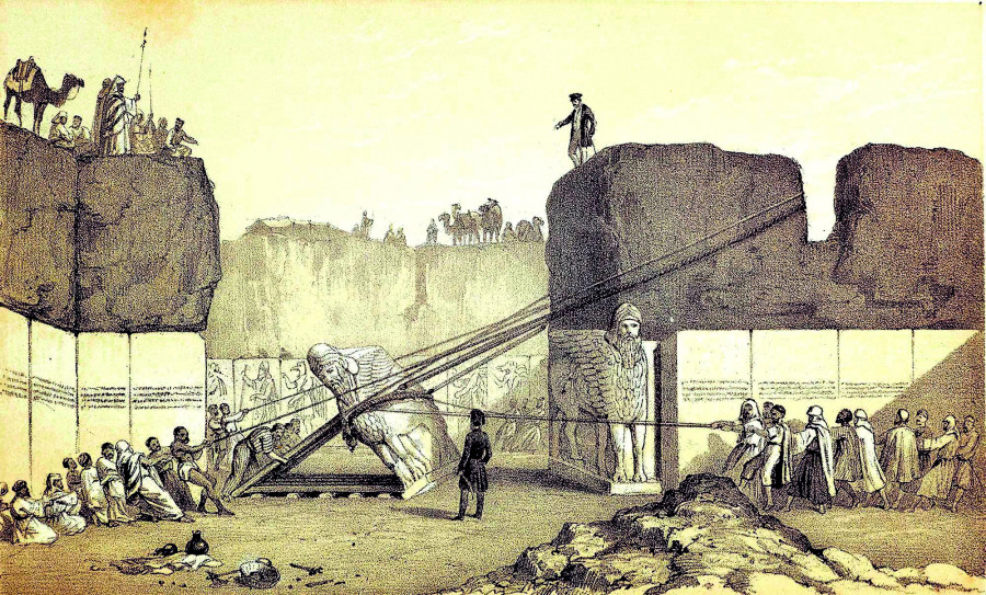 Az angol Henry Layard kiemeli a szárnyas bikákat Nimrudban.
