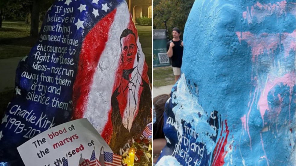 Charlie Kirk összemázolt sziklája és a fehérpulcsis lány