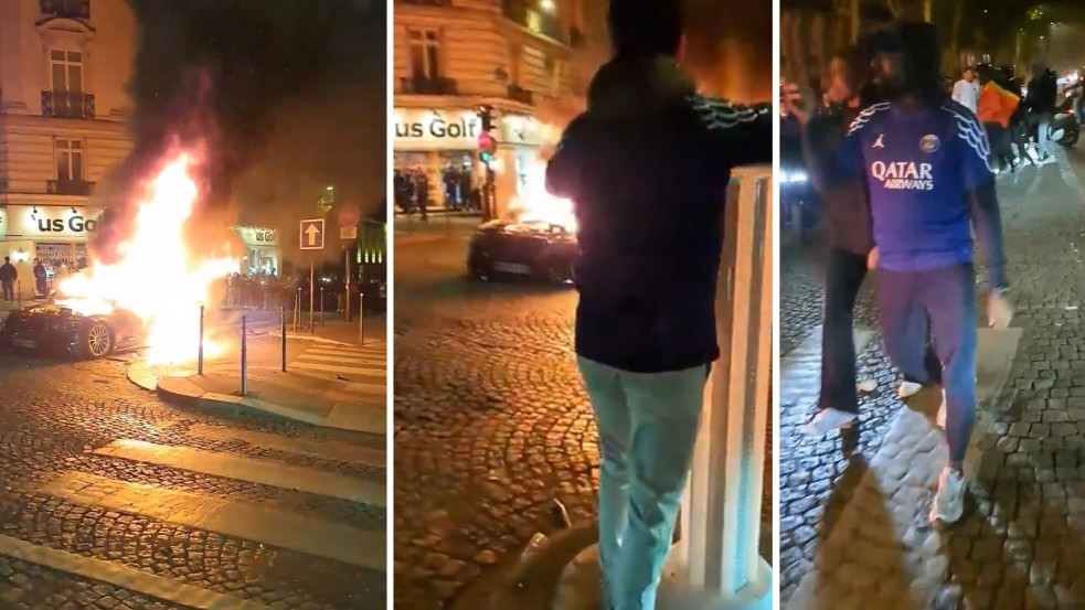 Felgyújtottak egy ünneplő fociszurkolók közé hajtó luxusautót Párizsban