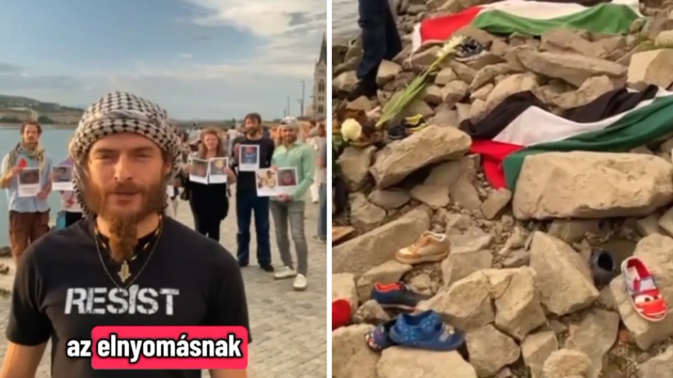 Palesztin aktivisták akcióztak a Cipők a Duna-parton emlékműnél, Greta Thunbergnek is üzentek