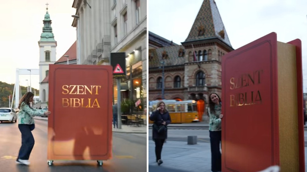 Hatalmas Bibliát sétáltattak keresztény fiatalok Budapesten - felvétel