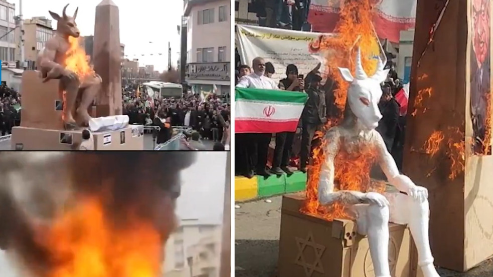 Sátánista szimbólumokkal, Izraeli zászlóval és Trump képével ellátott Baál-szobrokat égettek Iránban
