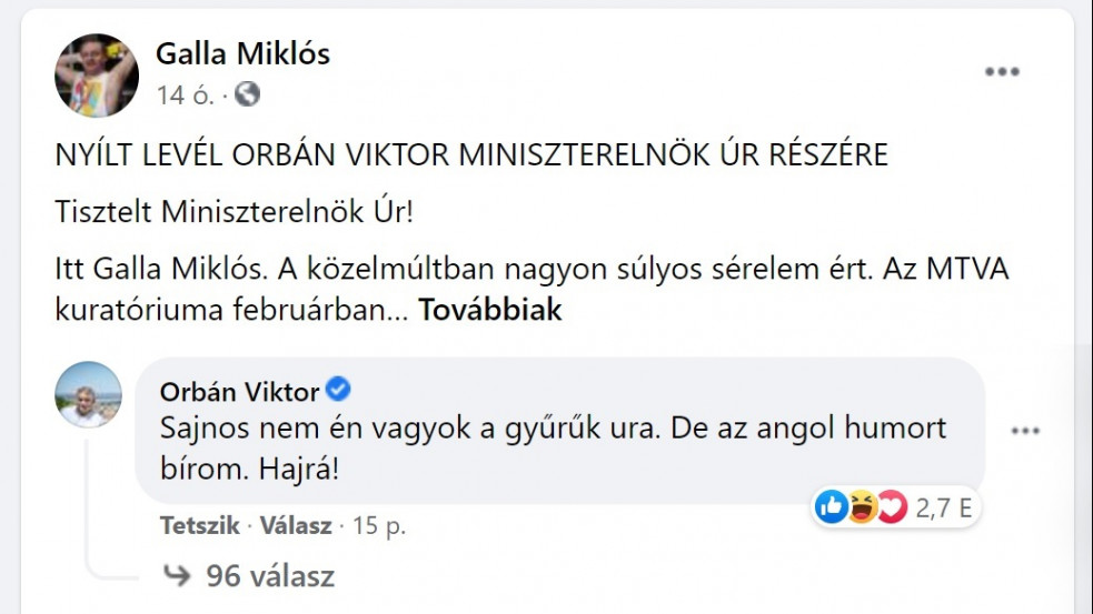 "Sajnos nem én vagyok a gyűrűk ura" - Orbán reagált Galla Miklós nyílt levelére