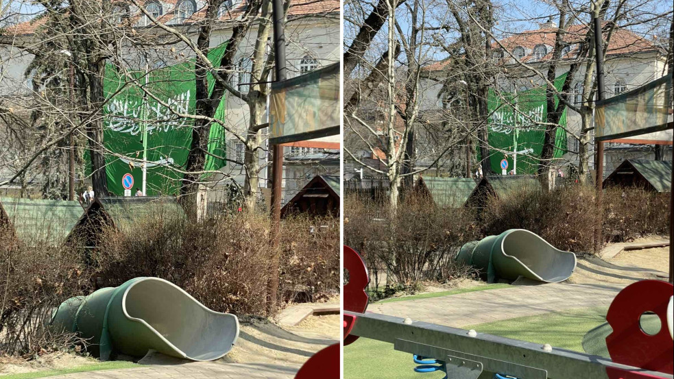 „Nincs más isten Allahon kívül” - hirdette a szaúdi nagykövetség óriászászlója egy Gellért-hegyi játszótér mellett